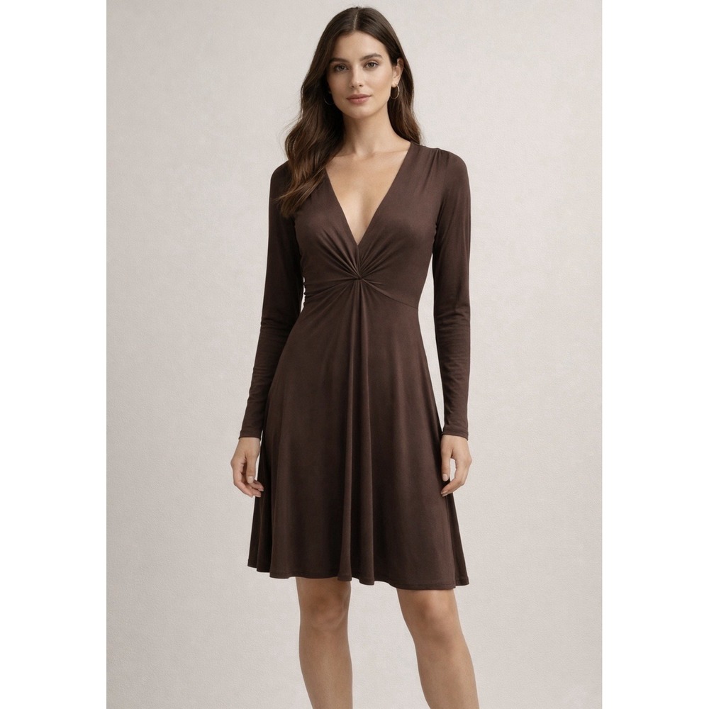 Laundry By Design Midi Dress Womens 4 Brown Deep V-Neck Twisted Knot Long Sleeve